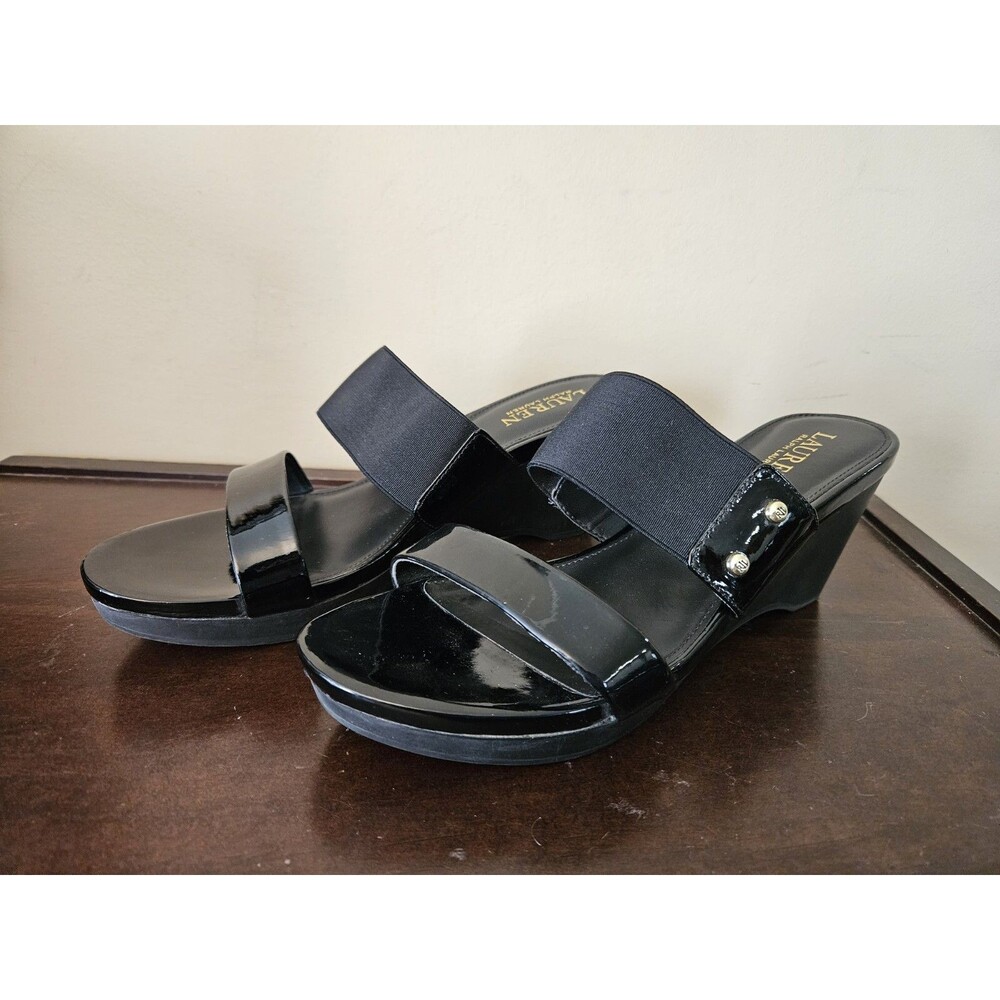 Ralph Lauren Women’s Rhianna Black Sandals Slides Wedge Heel Shoes Sz 9 B